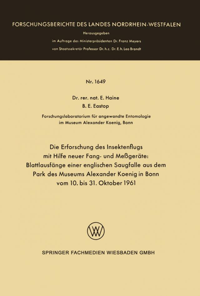 Die Erforschung des Insektenflugs mit Hilfe neuer Fang- und Messgeräte: Blattlausfänge einer englischen Saugfalle aus dem Park des Museums Alexander Koenig in Bonn vom 10. bis 31. Oktober 1961