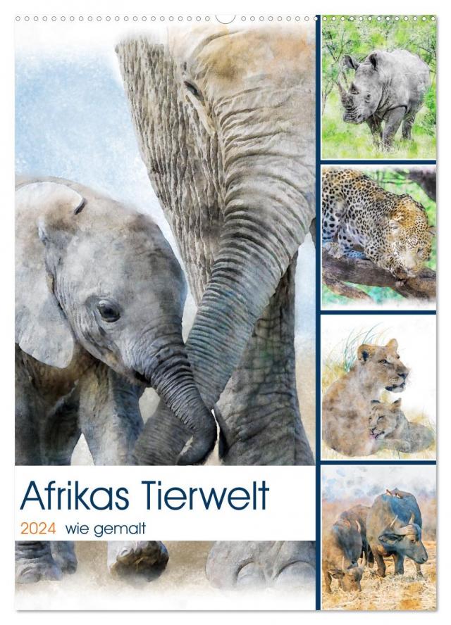 Afrikas Tierwelt - wie gemalt (Wandkalender 2024 DIN A2 hoch), CALVENDO Monatskalender