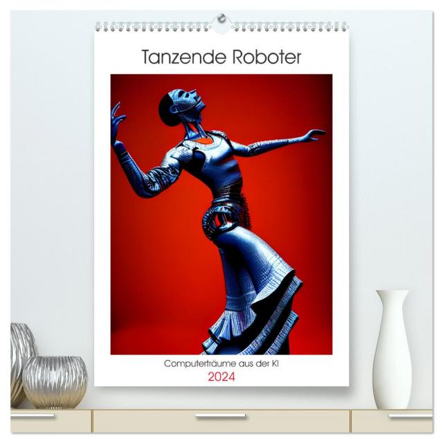 Tanzende Roboter - Computerträume aus der KI (hochwertiger Premium Wandkalender 2024 DIN A2 hoch), Kunstdruck in Hochglanz