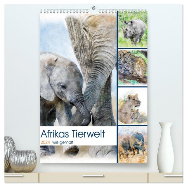 Afrikas Tierwelt - wie gemalt (hochwertiger Premium Wandkalender 2024 DIN A2 hoch), Kunstdruck in Hochglanz