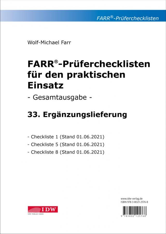 Farr, Prüfercheckl. 33. Erg.Lief. z. Grundwerk, inkl. CL 1,5 + 8