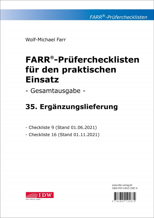 Farr, Prüfercheckl. 35. Erg.Lief. z. Grundwerk, inkl. CL 9 + 16