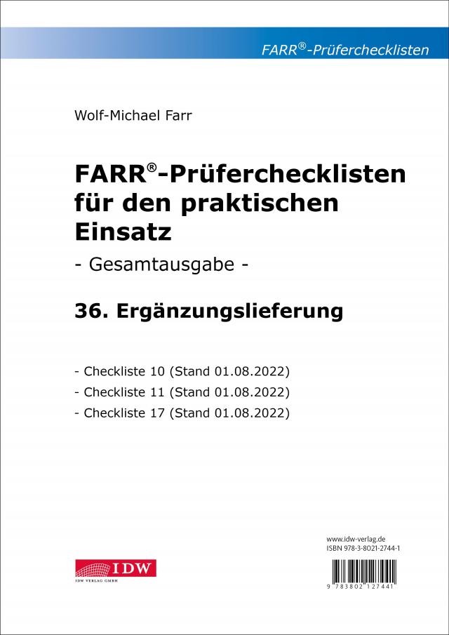 Farr, Prüfercheckl. 36. Erg.Lief. z. Grundwerk, inkl. CL 10,11 + 17