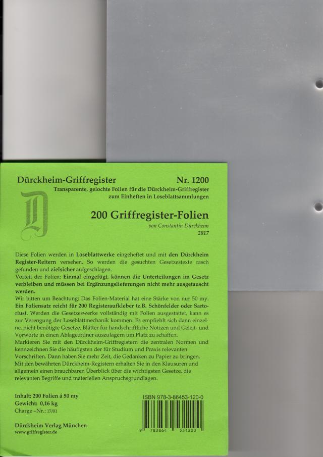 200 DürckheimRegister®-FOLIEN für STEUERGESETZE, Habersack u.a; zum Einheften und Unterteilen der roten Gesetzessammlungen