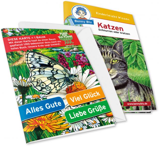 Benny Blu - Set Glückwunschkarte Motiv Schmetterling + Wissensbuch Katzen, m. 1 Beilage