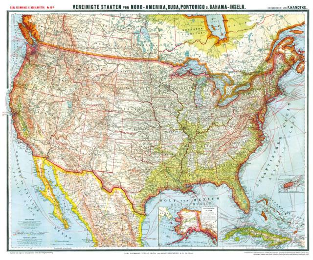 Historsiche Karte: VEREINIGTE STAATEN von Nord-Amerika (USA), Cuba, Portorico und Bahama-Inseln - um 1903 [gerollt]