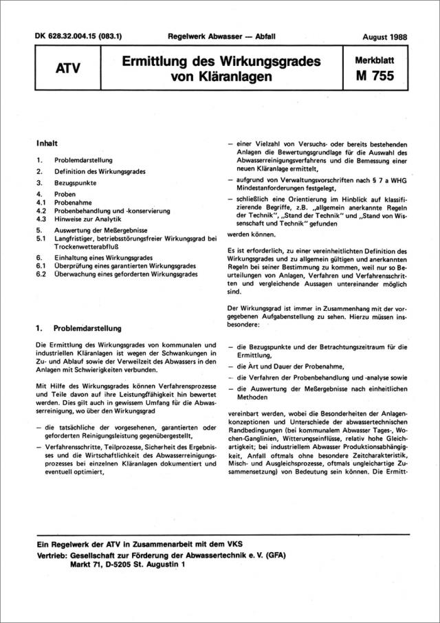 Merkblatt ATV-M 755 Ermittlung des Wirkungsgrades von Kläranlagen