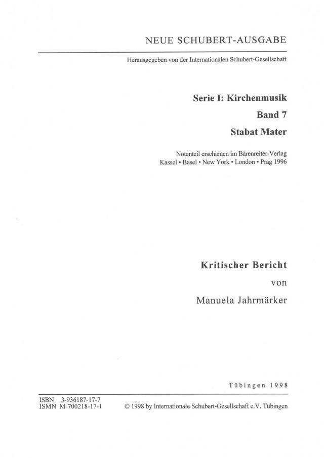 Neue Schubert-Ausgabe. Kritische Berichte / Kirchenmusik / Stabat mater