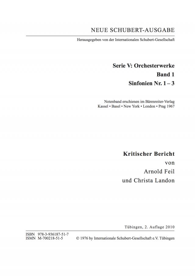 Neue Schubert-Ausgabe. Kritische Berichte / Orchesterwerke / Sinfonien Nr. 1–3