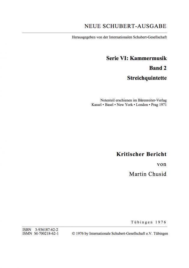Neue Schubert-Ausgabe. Kritische Berichte / Kammermusik / Streichquintette