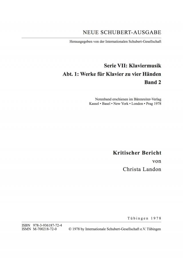 Neue Schubert-Ausgabe. Kritische Berichte / Werke für Klavier zu vier Händen II