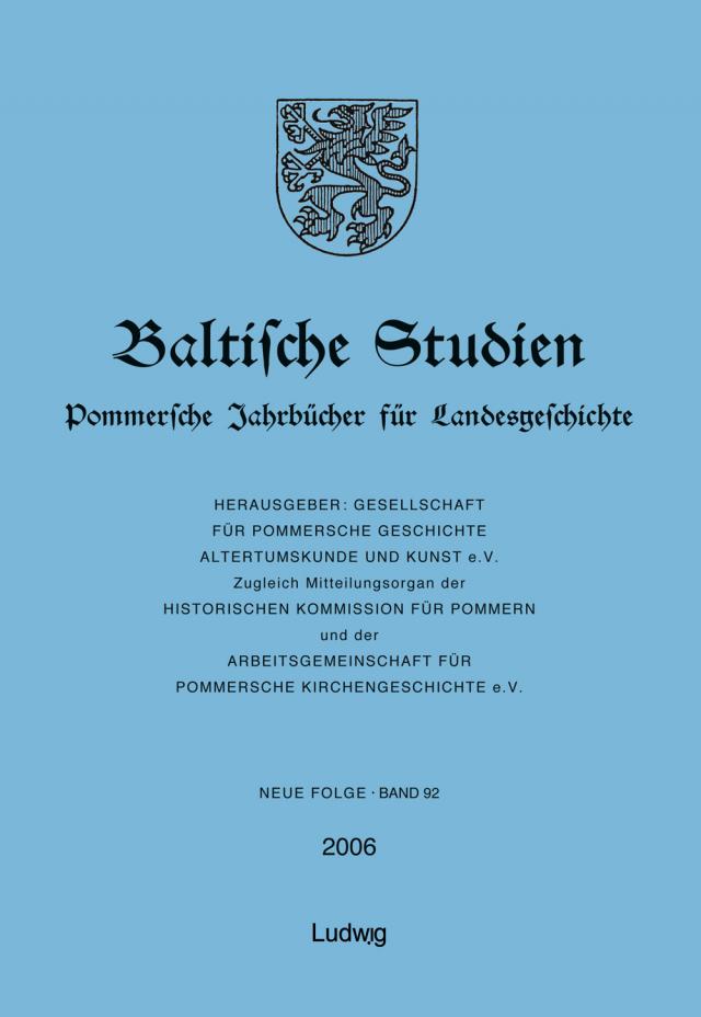 Baltische Studien, Pommersche Jahrbücher für Landesgeschichte. Band 92 NF