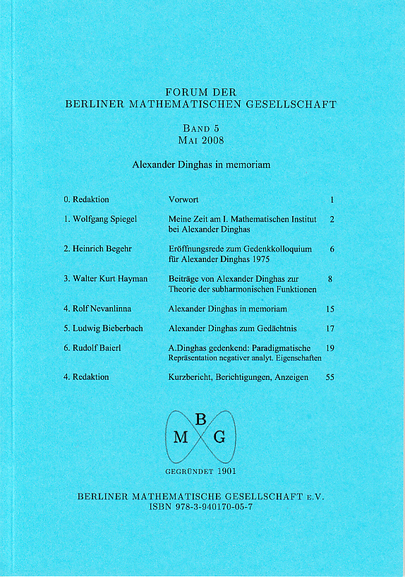 Forum der Berliner Mathematischen Gesellschaft / Alexander Dinghas in memoriam
