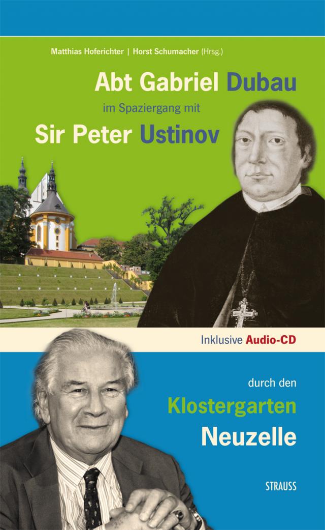 Abt Gabriel Dubau im Spaziergang mit Sir Peter Ustinov durch den Klostergarten Neuzelle