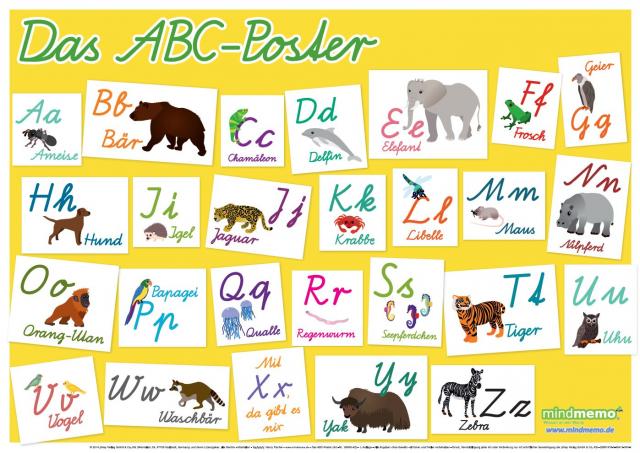 mindmemo Lernposter - Das Tier ABC Poster für Kinder in Schreibschrift Schulausgangsschrift Alphabet lernen