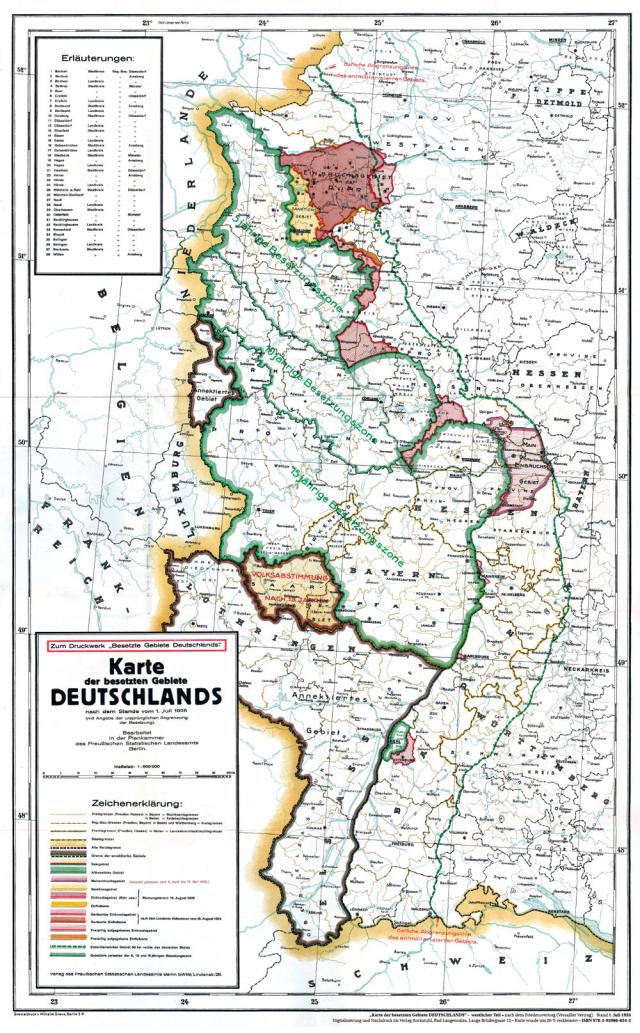 Historische Karte: DEUTSCHES REICH - Besetzte Gebiete WEST-DEUTSCHLAND - Stand 1. Juli 1925 (gerollt)