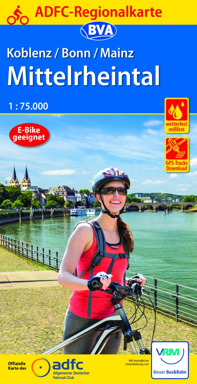 ADFC-Regionalkarte Koblenz/Bonn/Mainz Mittelrheintal, 1:75.000, mit Tagestourenvorschlägen, reiß- und wetterfest, E-Bike-geeignet, GPS-Tracks-Download