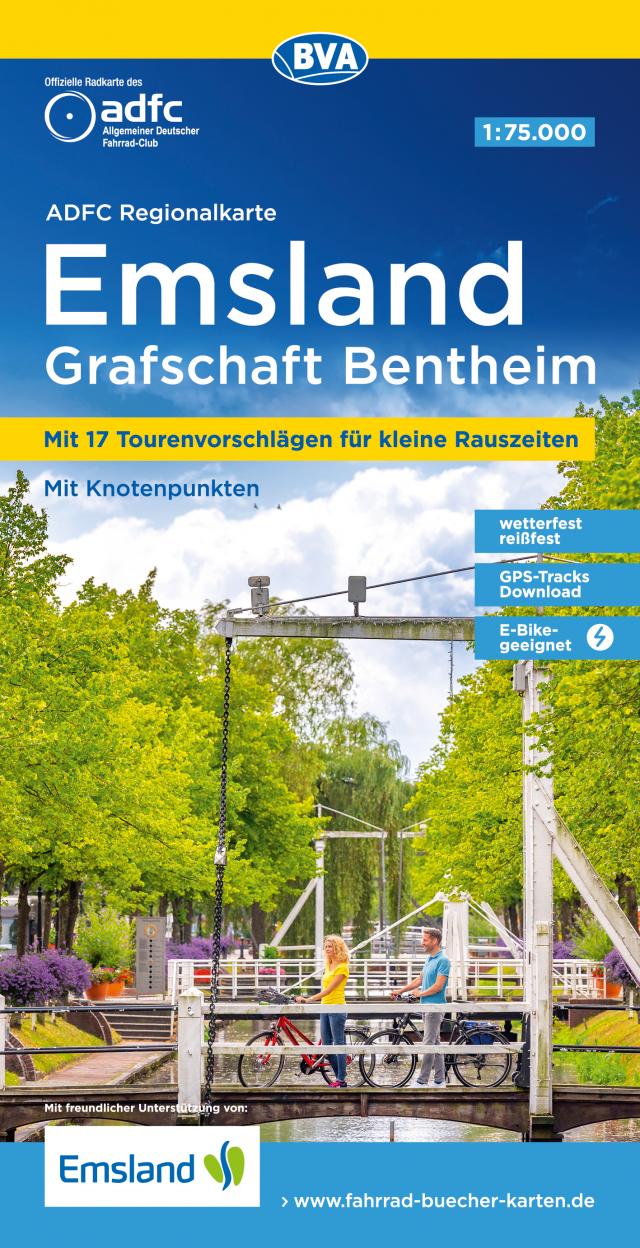 ADFC-Regionalkarte Emsland Grafschaft Bentheim, 1:75.000, mit Tagestourenvorschlägen, reiß- und wetterfest, E-Bike-geeignet, mit Knotenpunkten, GPS-Tracks Download