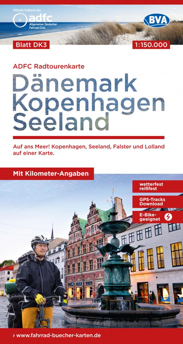ADFC-Radtourenkarte DK3 Dänemark/Kopenhagen/Seeland 1:150.000, reiß- und wetterfest, E-Bike geeignet, mit GPS-Tracks Download, mit Bett+Bike Symbolen, mit Kilometer-Angaben
