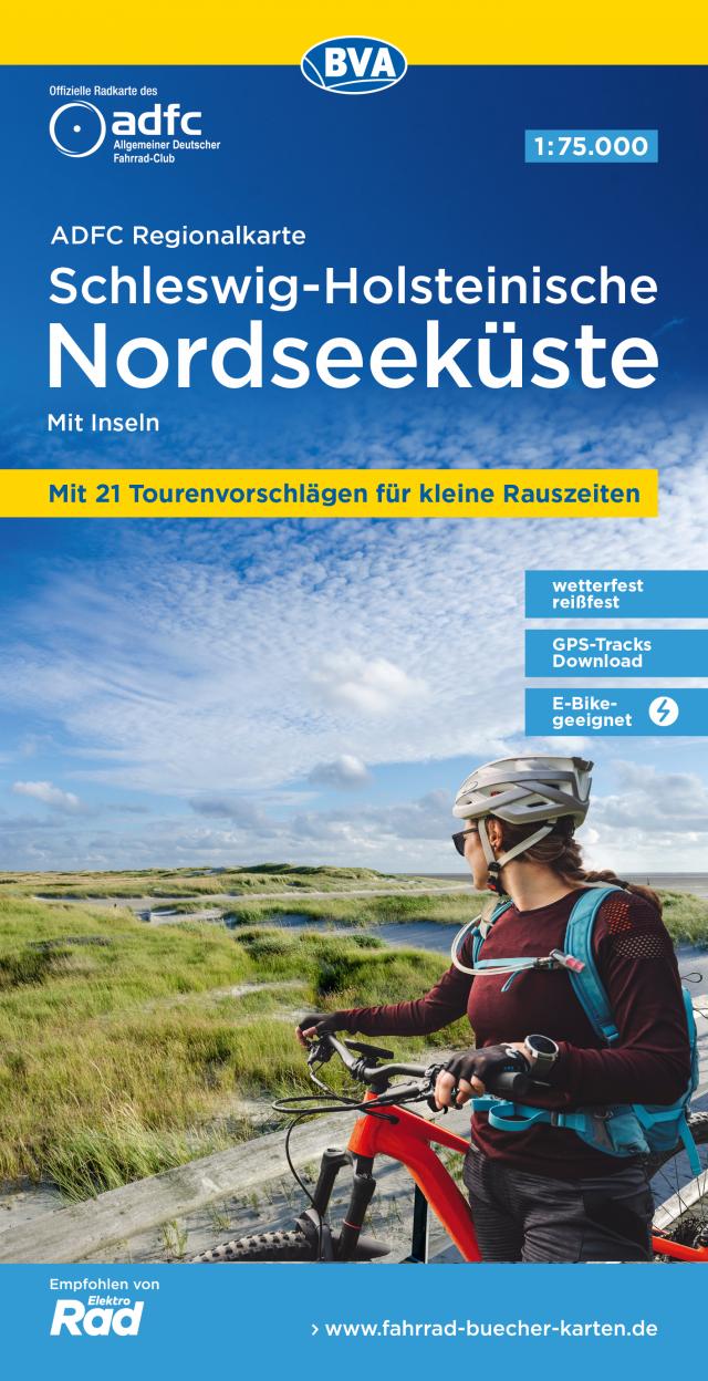 ADFC-Regionalkarte Schleswig-Holsteinische Nordseeküste mit Inseln, 1:75.000, mit Tagestourenvorschlägen, reiß- und wetterfest, E-Bike-geeignet, GPS-Tracks Download