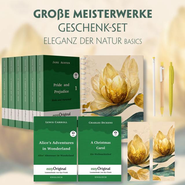 Große Meisterwerke Geschenkset - 8 Bücher (Softcover+ Audio-Online) + Eleganz der Natur Schreibset Basics