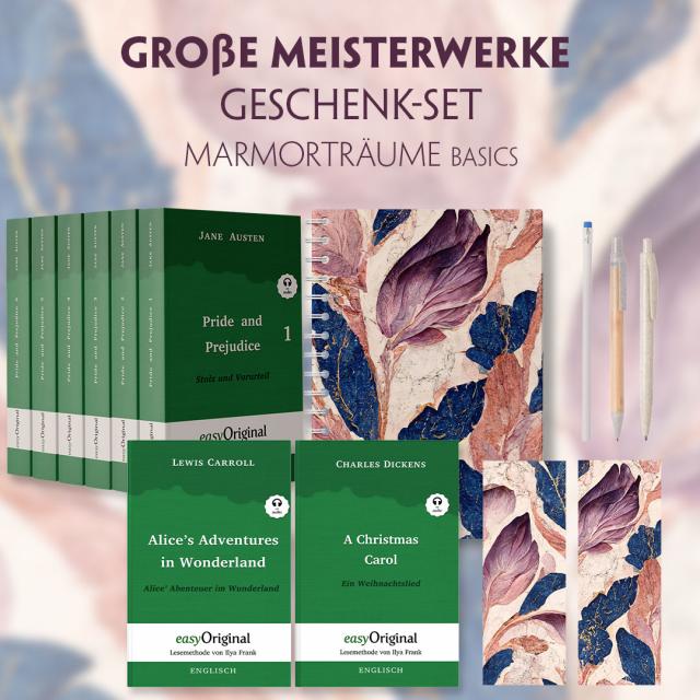 Große Meisterwerke Geschenkset - 8 Bücher (Softcover+ Audio-Online) + Marmorträume Schreibset Basics
