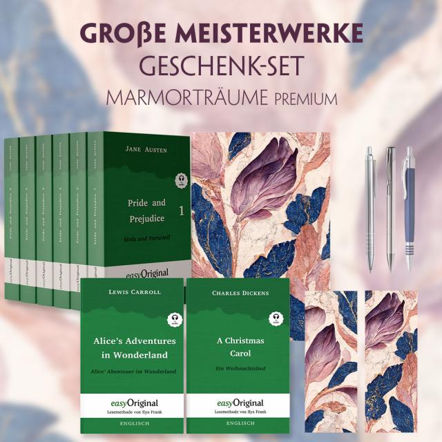 Große Meisterwerke Geschenkset - 8 Bücher (Softcover+ Audio-Online) + Marmorträume Schreibset Premium