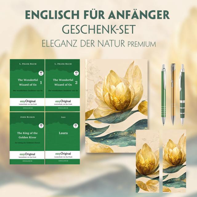 Englisch für Anfänger Geschenkset - 4 Bücher (mit Audio-Online) + Eleganz der Natur Schreibset Premium