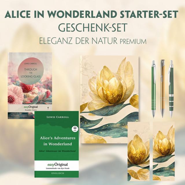 Alice im Wunderland Starter-Paket Geschenkset - 2 Bücher (mit Audio-Online) + Eleganz der Natur Schreibset Premium