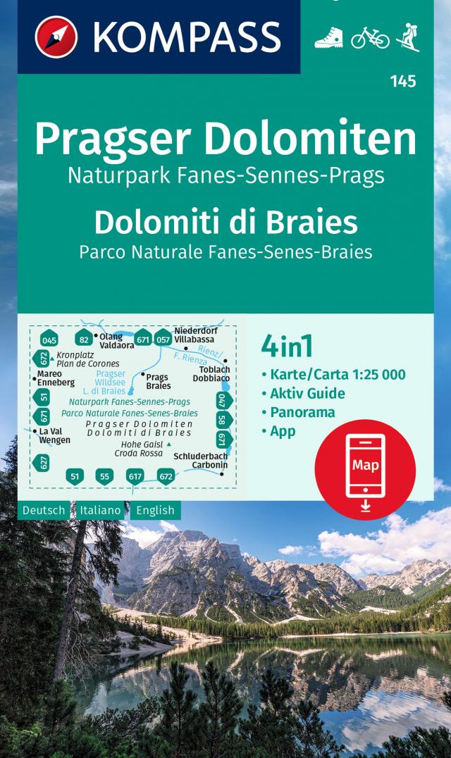 KOMPASS Wanderkarte 145 Pragser Dolomiten, Naturpark Fanes-Sennes-Prags, Dolomiti di Braies, Parco Naturale Fanes-Senes-Braies 1:25.000