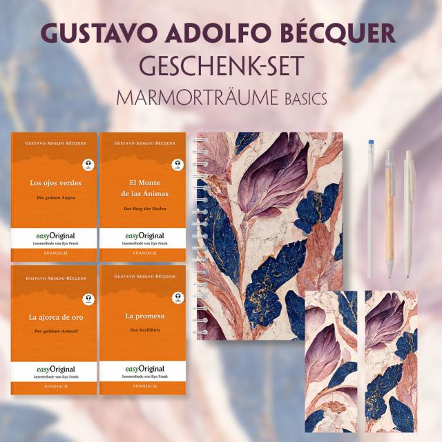 Gustavo Adolfo Bécquer Geschenkset - 4 Bücher (mit Audio-Online) + Marmorträume Schreibset Basics