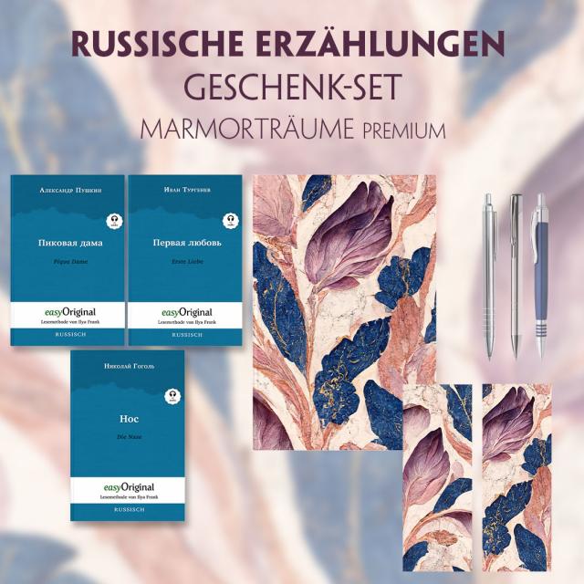 Russische Erzählungen Geschenkset - 3 Bücher (mit Audio-Online) + Marmorträume Schreibset Premium