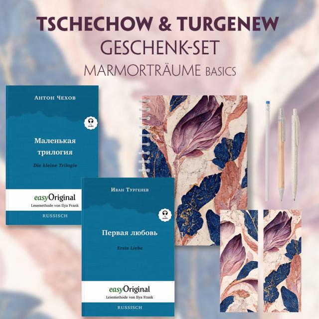 Tschechow & Turgenew Geschenkset - 2 Bücher (Softcover mit Audio-Online) + Marmorträume Schreibset Basics