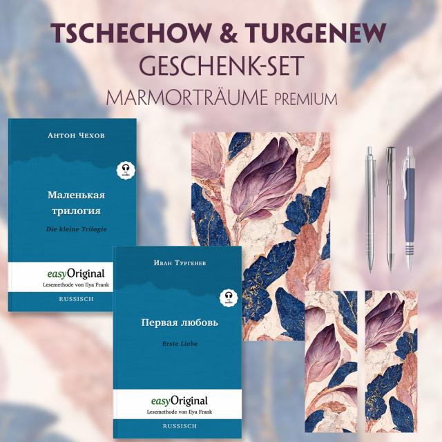 Tschechow & Turgenew Geschenkset - 2 Bücher (Softcover mit Audio-Online) + Marmorträume Schreibset Premium