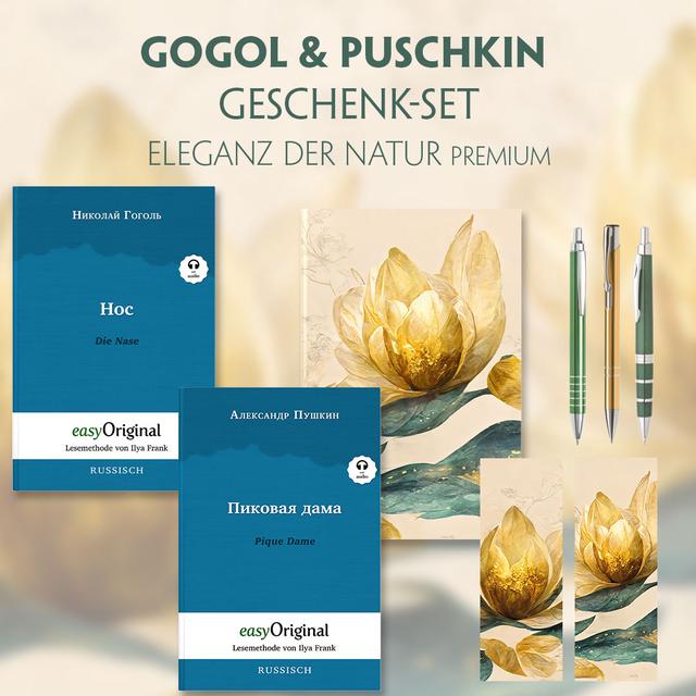Gogol & Puschkin Geschenkset - 2 Bücher (mit Audio-Online) + Eleganz der Natur Schreibset Premium