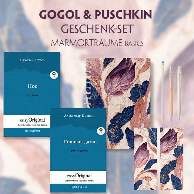 Gogol & Puschkin Geschenkset - 2 Bücher (mit Audio-Online) + Marmorträume Schreibset Basics