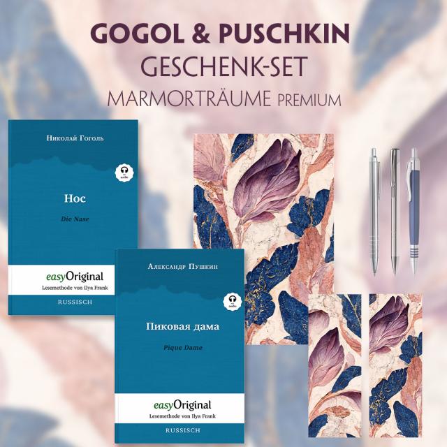 Gogol & Puschkin Geschenkset - 2 Bücher (mit Audio-Online) + Marmorträume Schreibset Premium