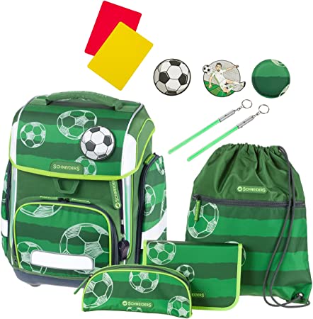 Schultaschenset Soccer Cup green|SCHNEIDERS ERGOLITE 78366-060 9-teilig|40x31x23cm, Volumen:21l. 6-tlg: Schultas che Ergolite, Zipppennal mit 2 Klappen,